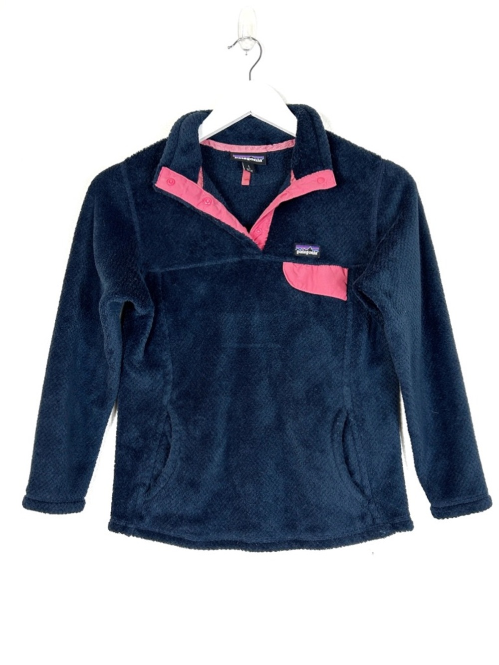 Patagonia Girls Re Tool Snap-T Navy Pink pullover sweater Kids Size 12 L Large
